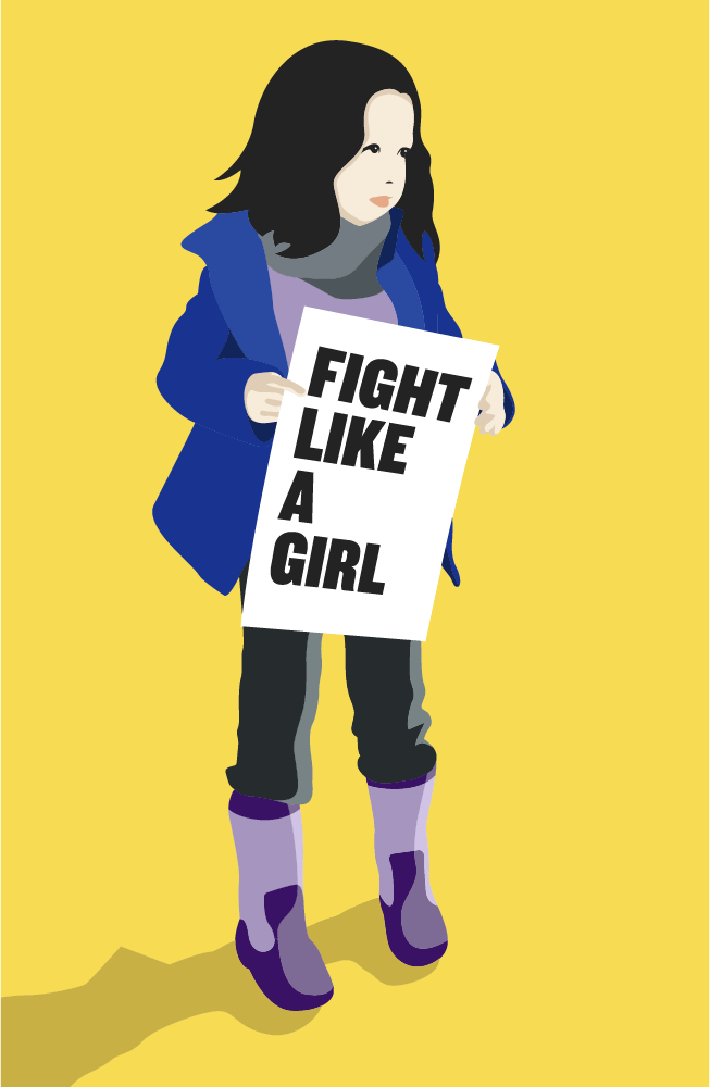 Digital vector illustration of little girl holding sign saying 'Fight Like a Girl'