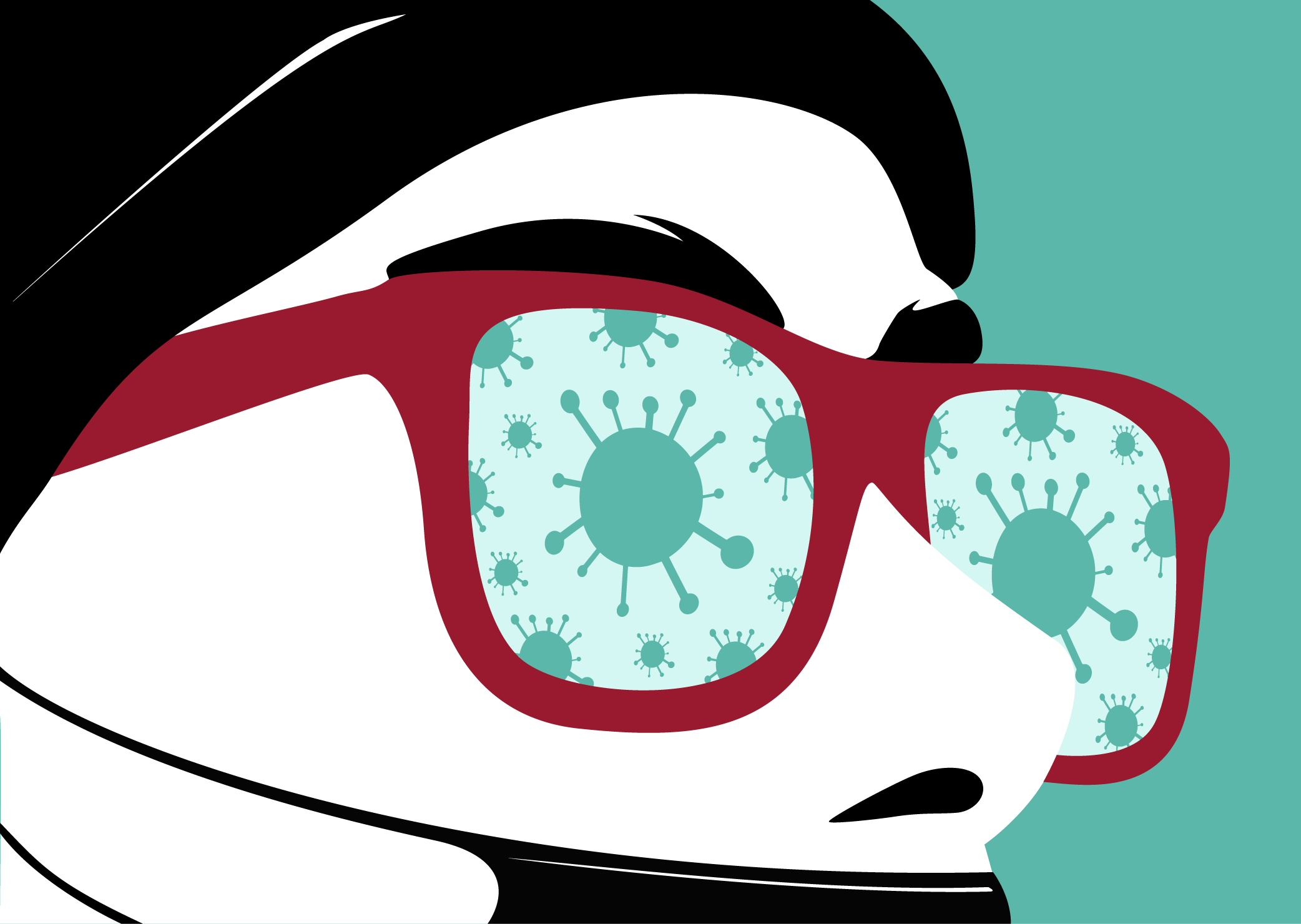 Baz Grafton digital vector illustration of man with covid 19 virus in lenses of his glasses.