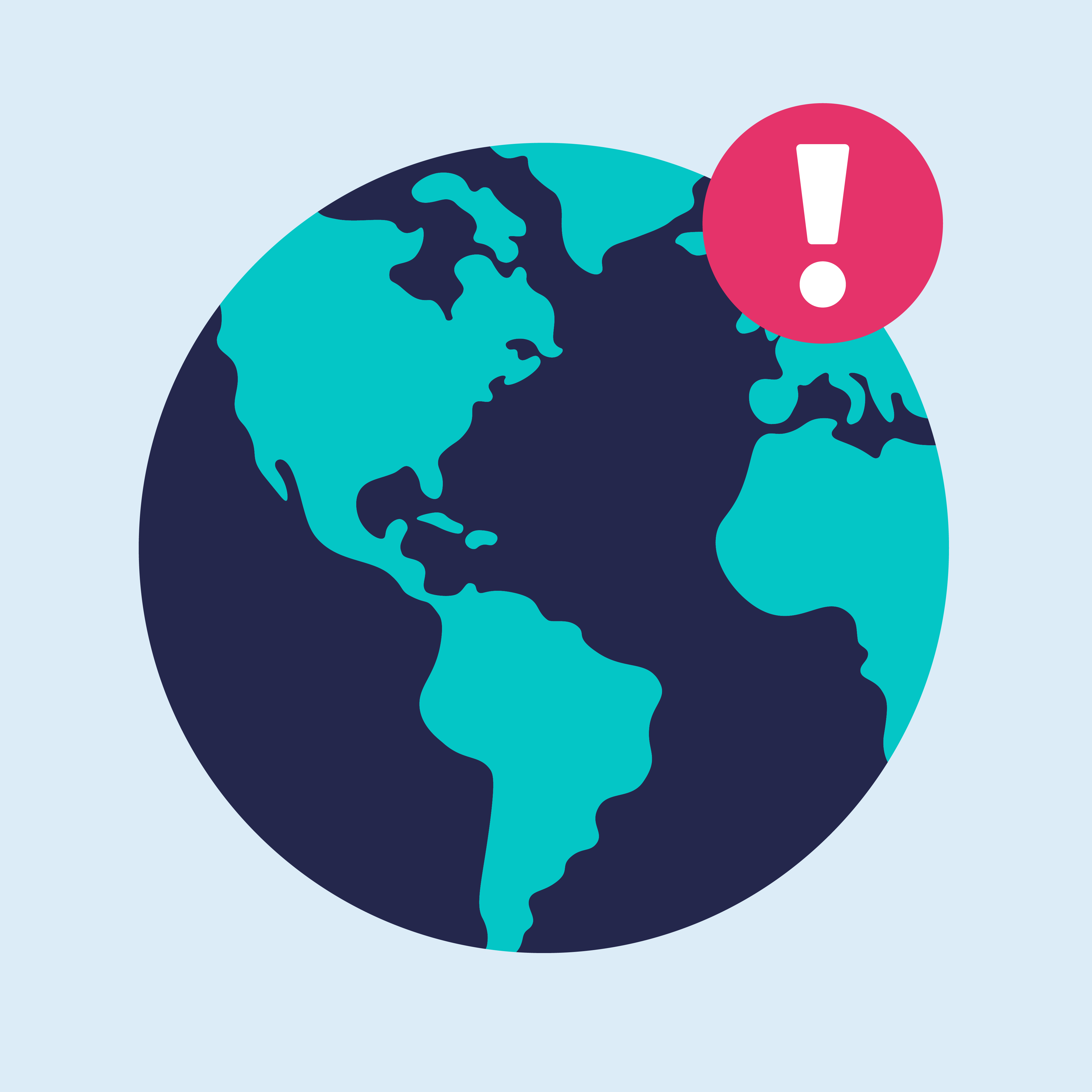 Minimalist vector art illustration of the Earth with an exclamation mark notification icon by digital artist Baz Grafton.