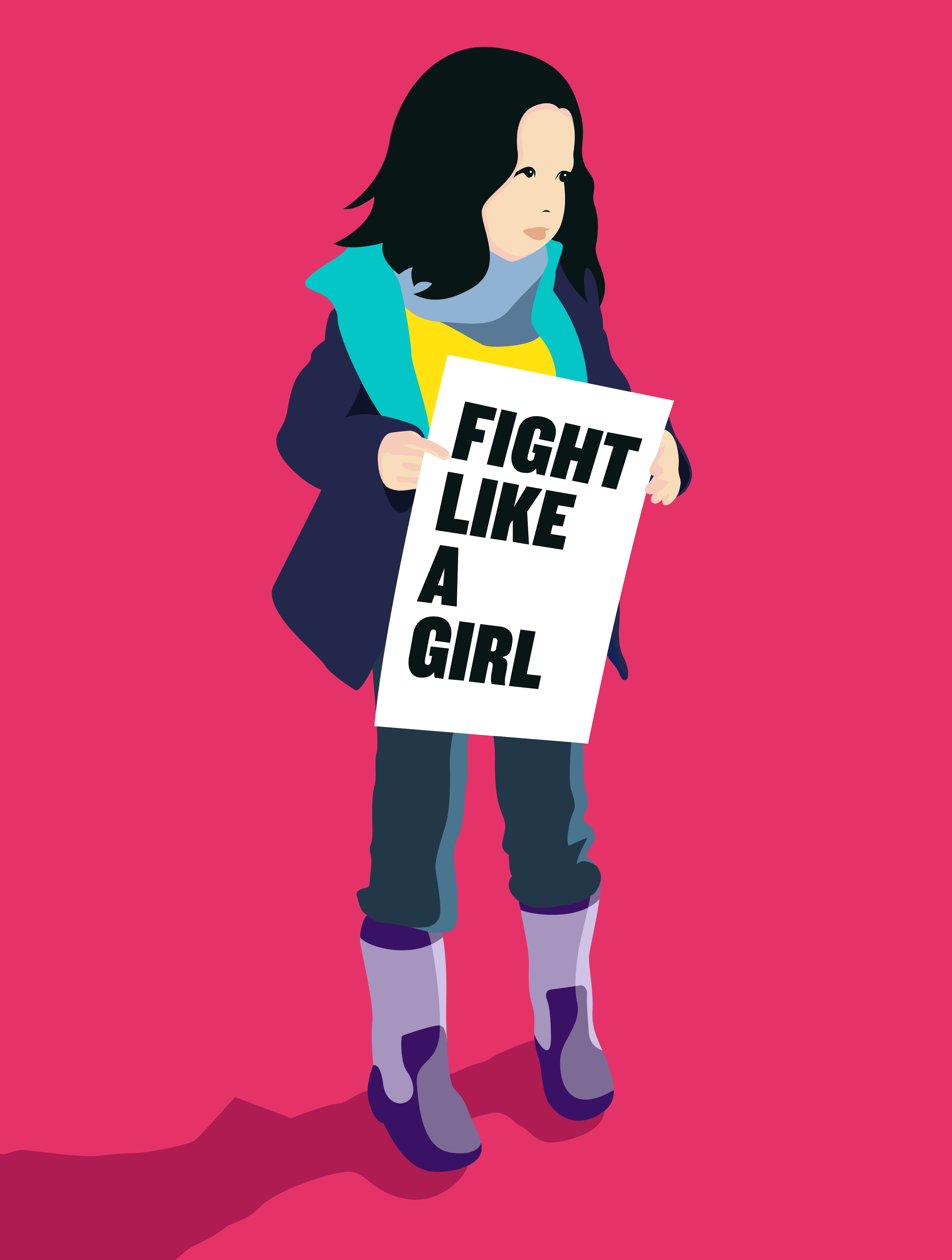 Minimalist vector art illustration of a little girl holding a sign that says 'Fight like a girl' by digital artist Baz Grafton.