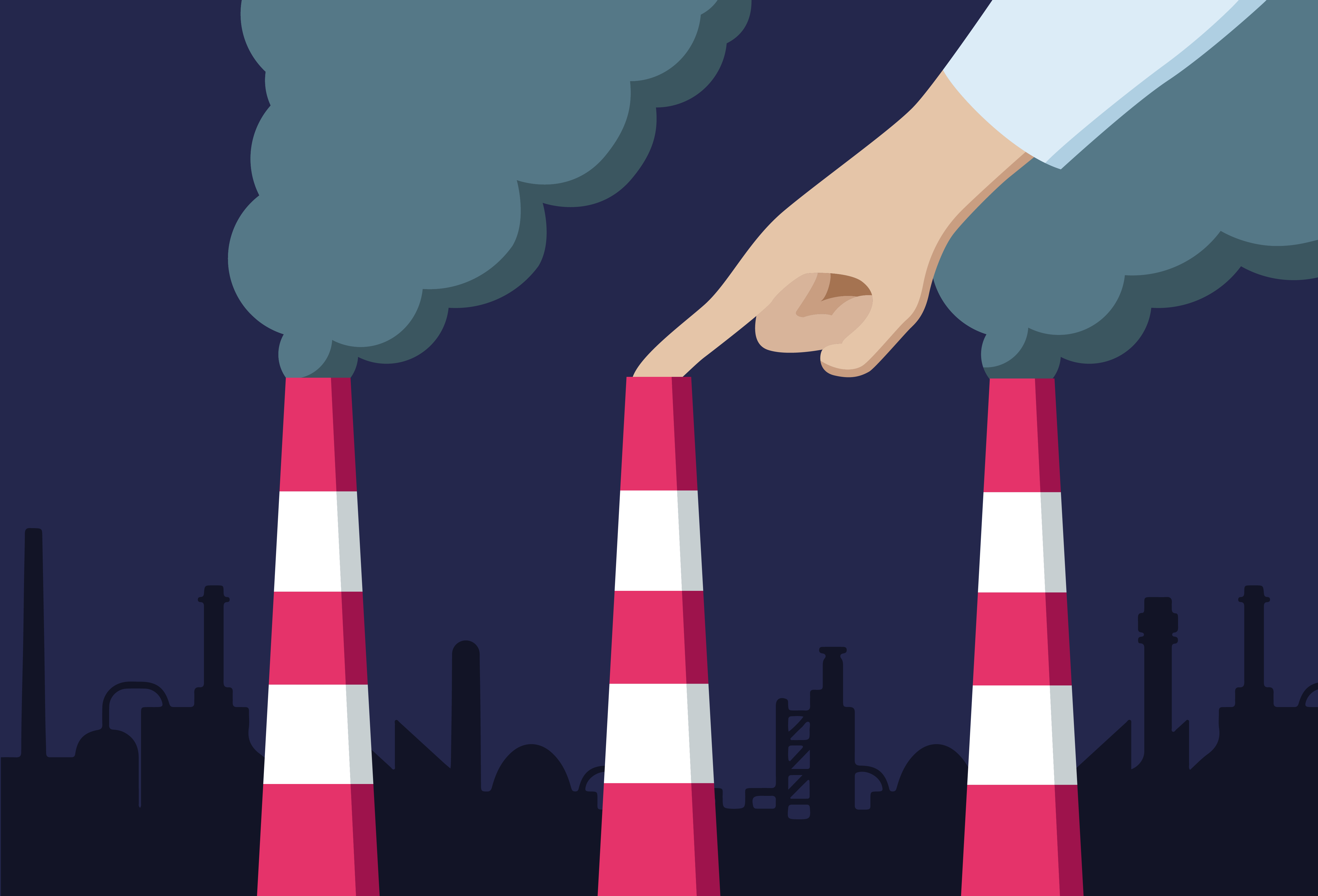 Minimalist vector art illustration of a hand reaching down to plug an industrial chimney with a finger to stop the fumes by digital artist Baz Grafton.