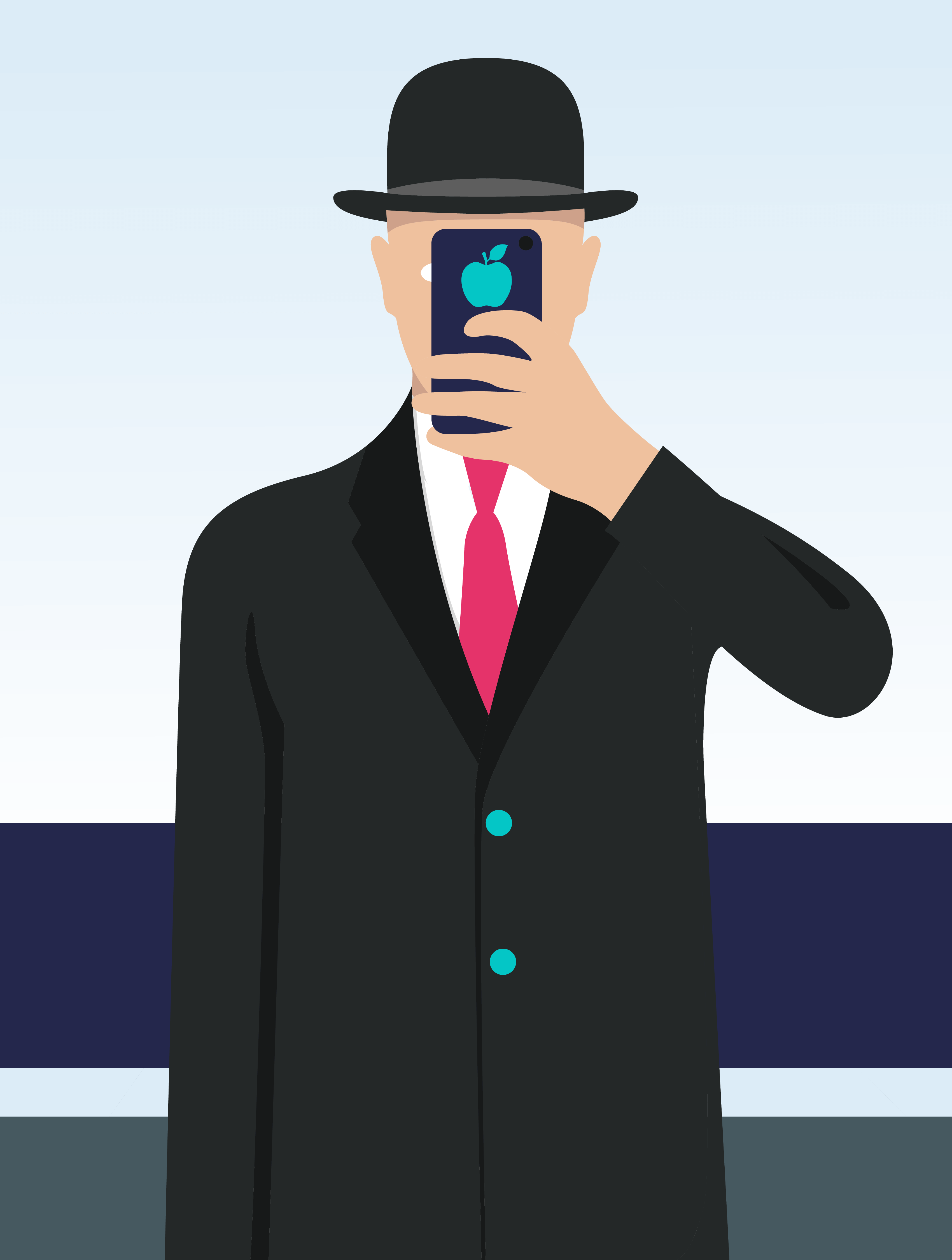 Minimalist vector art illustration of a man holding an iphone in front of his face resembling the famous painting 'Son of Man' by René Magritte by digital artist Baz Grafton.