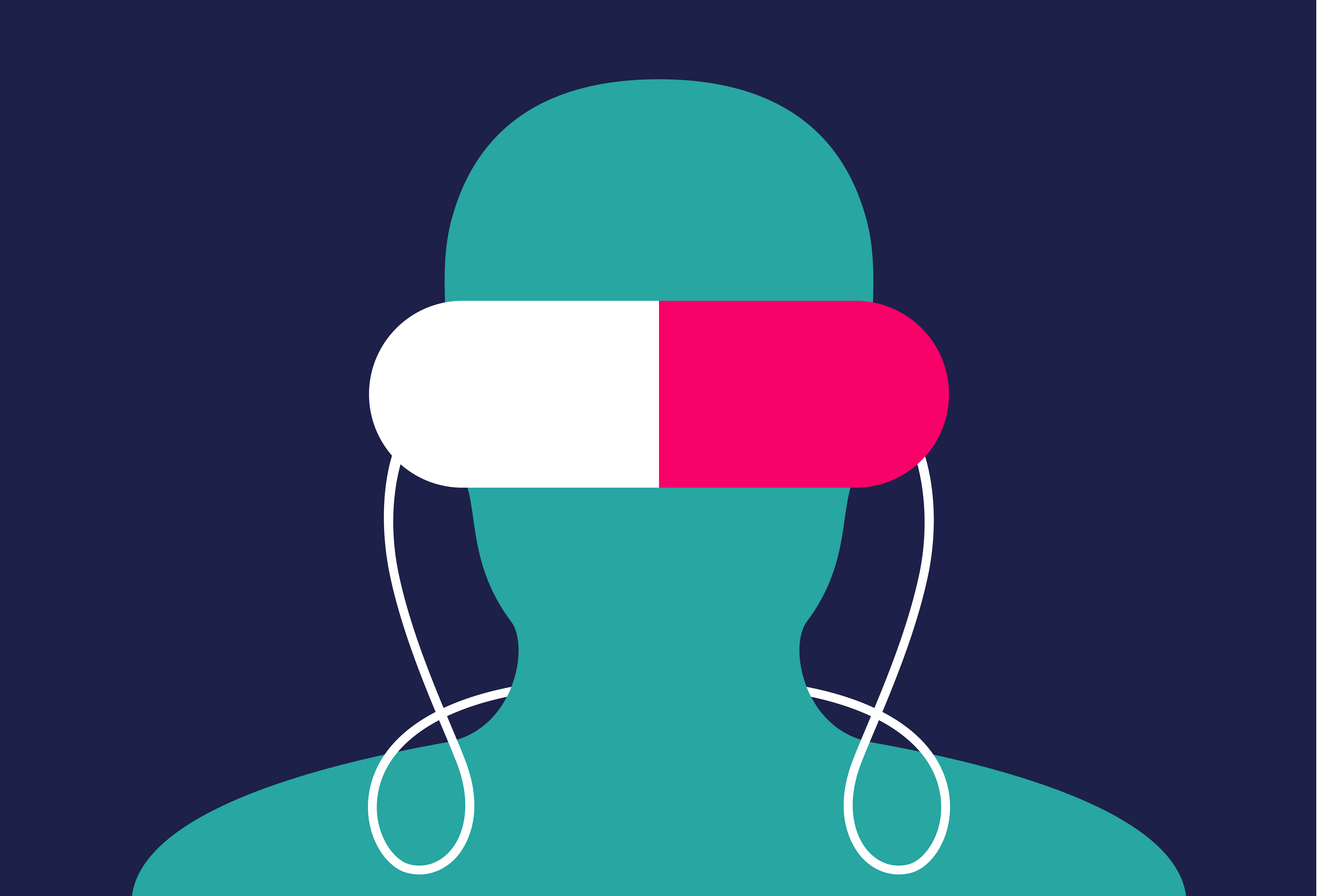 Minimalist vector art illustration of a person wearing a VR headset that resembles a drug pill by digital artist Baz Grafton.